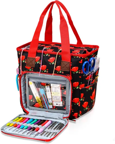 Miniatura 14 de Bolsa de almacenamiento de hilo para tejer, organizador de ganchillo de gran capacidad, bolsa de viaje portátil con correa para el hombro, estuche