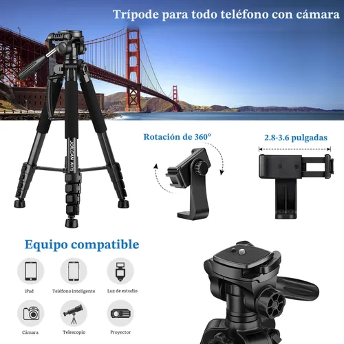 Miniatura 3 de JOILCAN Trípodes para cámara, trípode de 74 pulgadas para grabación de video, cámaras de alta resistencia, trípode DSLR de viaje profesional, Negro