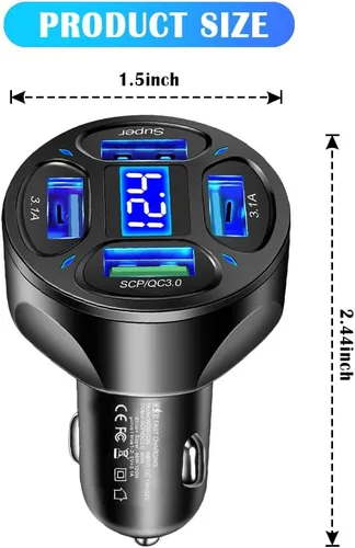 Miniatura 2 de Cargador de Coche, Cargador de Coche de 4 Puertos Rápido con Enchufe de Salida/Voltímetro LED/QC3.0/Puerto Súper, Cargador USB de Encendedor