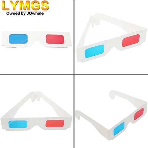 Miniatura 3 de 10 pares de gafas de papel 3D, lentes rojas y cian en marco blanco, cartón anaglifo para películas, plegado en funda protectora