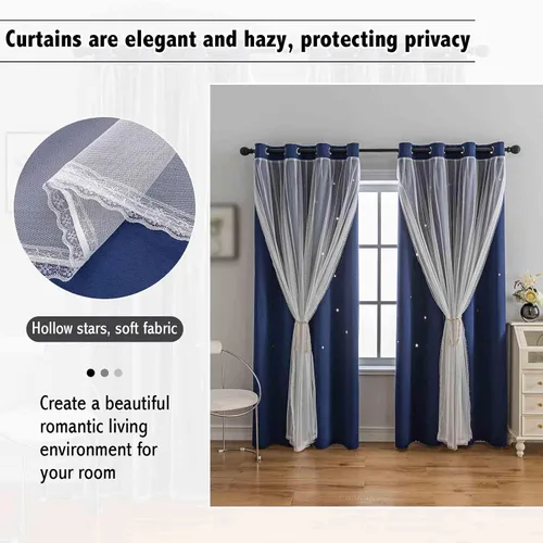 Miniatura 7 de Anytime - Cortinas románticas para niños, cortina de ventana con estrellas recortadas, cortinas opacas de doble capa para dormitorio de niñas, Azul