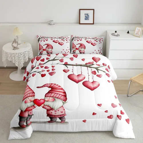 Miniatura 2 de Juego de edredón para el día de San Valentín, tamaño individual, ropa de cama romántica de gnomo para niños y niñas, pareja, con corazón rojo