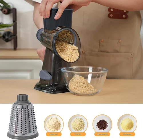 Miniatura 7 de Rallador de queso giratorio con asa, versátil rallador de queso con base de succión antideslizante, triturador de queso y rebanador de alimentos Gris
