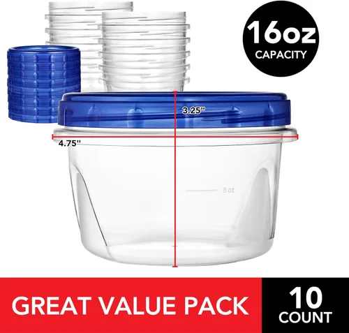 Miniatura 2 de Stock Your Home - Envases de plástico de 16 onzas con tapas de rosca (paquete de 10), envases de congelador de 2 tazas con tapas para sobrantes