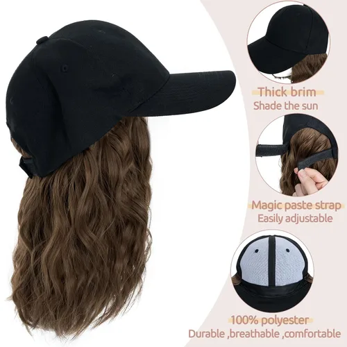Miniatura 2 de S-noilite Peluca de gorra de béisbol con extensiones de cabello, 8 pulgadas, corta, rizada, ondulada, estilo Bob, peinado, ajustable, con cabello