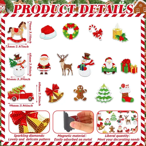 Miniatura 5 de Umigy Juego de 16 imanes de arte de diamantes de Navidad para refrigerador, muñeco de nieve, Papá Noel, ciervo, pintura de diamante, imanes