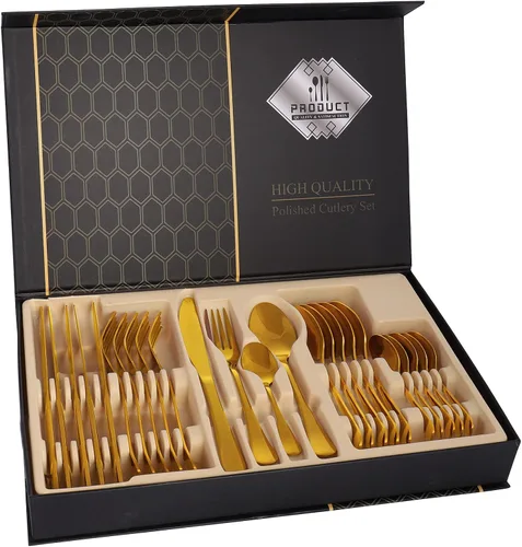 Miniatura 10 de Juego de cubiertos de acero inoxidable, juego de vajilla de 20 piezas, elegante cuchillo, tenedor, cuchara, cubiertos, servicio para 4 (dorado)