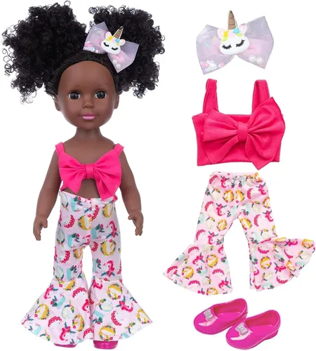 Miniatura 4 de ZQDOLL Muñeca negra y muñeca negra de 14.5 pulgadas de silicona afroamericana con 2 juegos de ropa y equipo de viaje, cámara, mochila, lentes, etc.