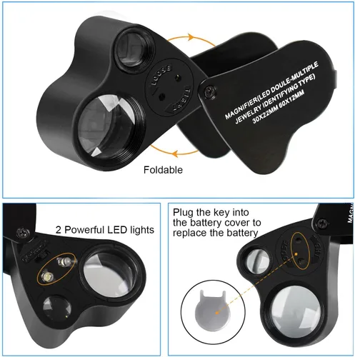 Miniatura 5 de JARLINK Paquete de 2 lupas de joyería iluminadas de 30 x 60 X, lupa plegable para joyería con luz LED brillante para gemas, joyas, monedas, sellos