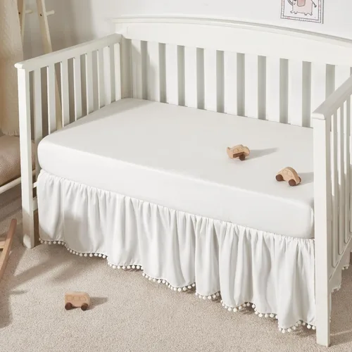 Miniatura 7 de TILLYOU Falda de cuna de bebé para niñas y niños, falda de cama con volantes con pompones, 28 x 52 pulgadas, caída de 14 pulgadas, rosa