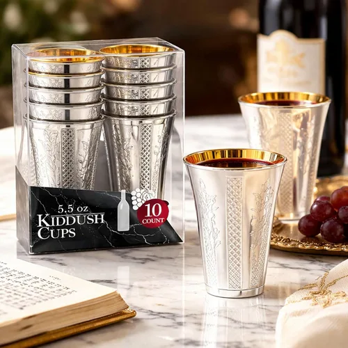 Miniatura 2 de DECORLINE Kiddush/Kiddish - Taza redonda de 5.5 onzas, vasos desechables plateados con interior dorado, vasos de diseño elegante para Pascua