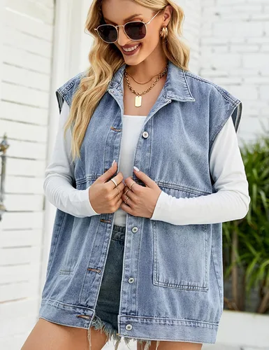 Miniatura 3 de Huaqiao Chaleco de mezclilla para mujer, chaqueta media larga, chaleco sin mangas con bolsillos