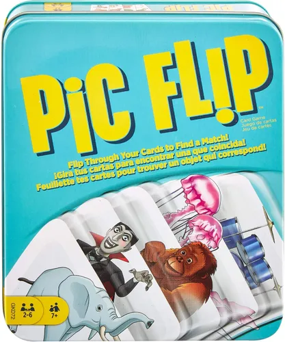 Mattel Games Juego de cartas PIC FLIP con 110 cartas en una lata decorativa, es un gran juego para niños de 7 años en adelante