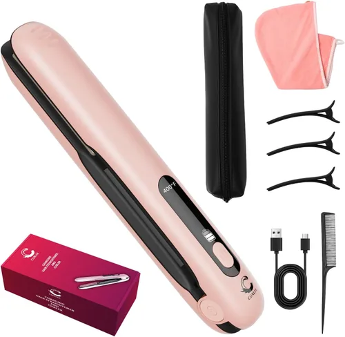 Alisador y rizador de pelo inalámbrico 2 en 1, incluye bolsa de transporte, mini alisador de pelo de viaje con pantalla LCD, carga USB-C, 4 modos de