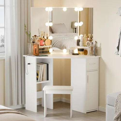 Miniatura 8 de Escritorio pequeño de esquina con espejo y luces, mesa de tocador de maquillaje para dormitorio con cajones deslizantes y armario de almacenamiento