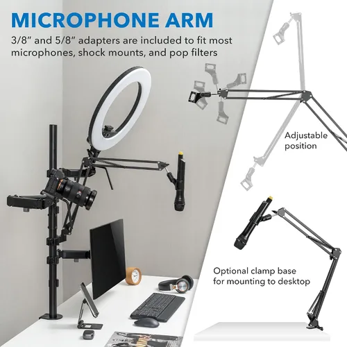 Miniatura 7 de Mount-It! Soporte de escritorio de transmisión todo en uno – Configuración de 4 brazos para monitor, cámara, anillo de luz y micrófono – Equipo
