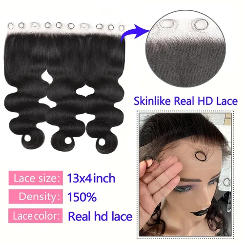 Miniatura 3 de Encaje frontal HD de 13 x 4, cierre de encaje HD real similar a la piel, solo ondulado, 0.004 in, extremadamente fino de oreja a oreja, cabello