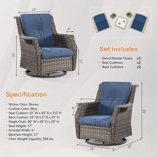 Miniatura 3 de Silla giratoria para patio al aire libre, silla giratoria de 360 grados con cojines de tela de capa catiónica repelentes al agua de 3.5 pulgadas