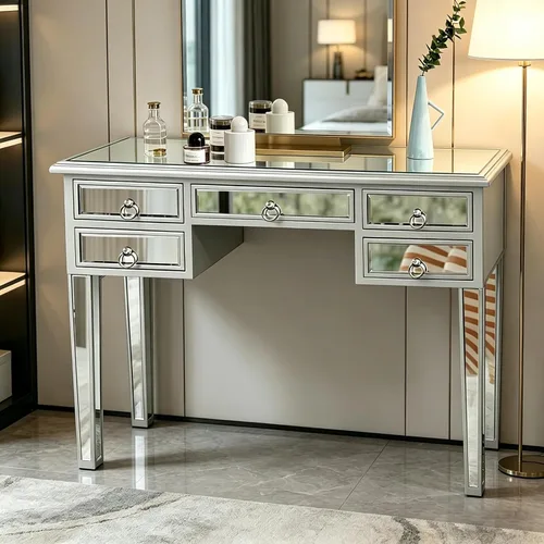 Miniatura 8 de Henf Mesa de consola con espejo, mesa de tocador de maquillaje, mesa de entrada plateada de 3 cajones para mujeres y niñas, entrada, hogar, oficina