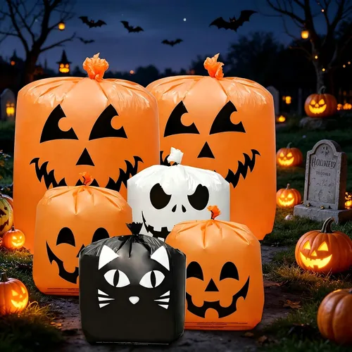 Miniatura 5 de 6 bolsas de calabaza de Halloween para césped, incluye 2 bolsas de 48 x 36 pulgadas de calabaza sonriente y 4 bolsas de basura de Halloween de 30 x