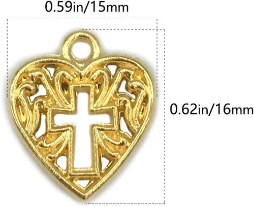 Miniatura 2 de Paquete de 120 dijes de cruz de corazón de aleación de oro antiguo a granel para pulseras y fabricación de joyas, Metal, No es una piedra preciosa