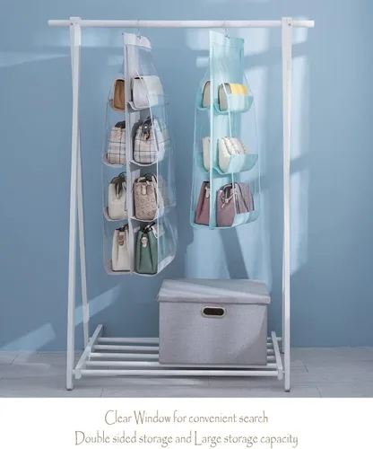 Miniatura 5 de MURRI&MURRDI Paquete de 2 organizadores de bolsos colgantes para armario, soporte de almacenamiento de bolso con 8 bolsillos de PVC transparente