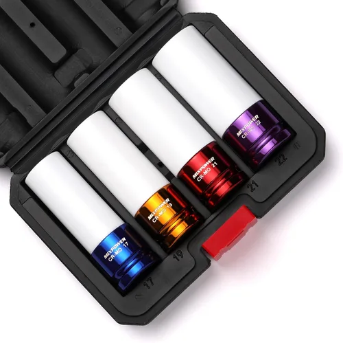 MIXPOWER Protector de rueda de transmisión de 1/2 pulgada, juego de 4 piezas de enchufe de impacto profundo de pared delgada, enchufe de tuerca de