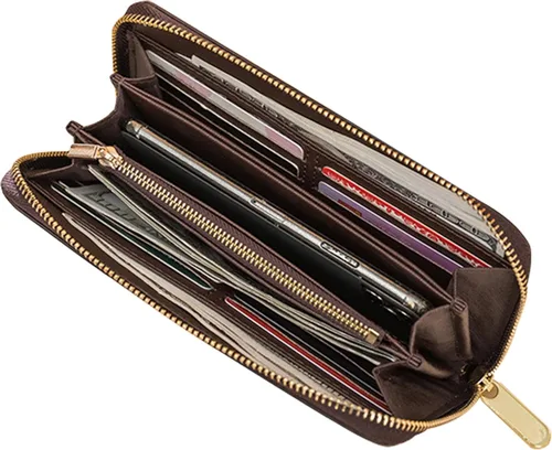 Miniatura 8 de Veki Billetera para mujer con doble cremallera y correa para la muñeca, monedero de cuero para tarjetas de crédito para mujeres y hombres, Negro A