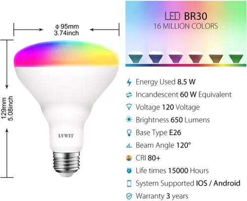 Miniatura 3 de LVWIT Bombillas inteligentes Alexa, BR30 equivalente a 60 W, LED inteligente E26, funciona con Google Assistant, aplicación Smart Life, aplicación
