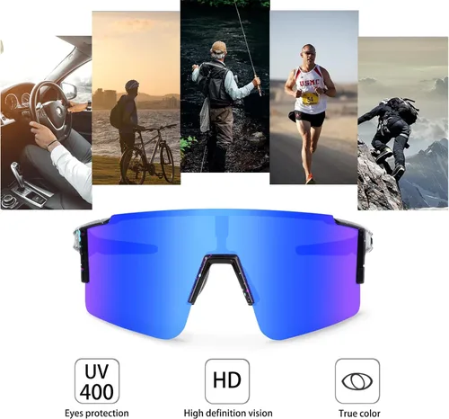 Miniatura 5 de OULAIQI Gafas de sol de ciclismo, polarizadas, para hombres y mujeres, con 1 lente o 3 lentes intercambiables, gafas de béisbol Lente negra y azul-3