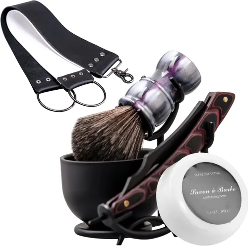 Miniatura 10 de Kit de afeitado con navaja recta Grandslam, navaja recta de acero con afeitador de cuero, brocha de afeitar, cuenco y soporte de afeitado de acero