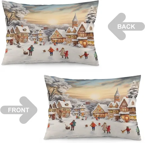 Miniatura 4 de Funda de almohada con escena de pueblo navideño con niños, fundas de almohada de 12 x 20 pulgadas, almohadas decorativas de Navidad para sofá, funda