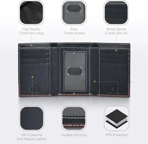 Miniatura 3 de Cartera de cuero genuino RFID bloqueo delgado Trifold para 6 tarjetas+1 ventana de identificación+2 compartimentos de anotaciones., cartera Rfid, S
