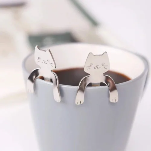 Miniatura 6 de Juego de 6 cucharas de té y café, de acero inoxidable, mini cucharas largas y lindas para gatito, para mezclar bebidas de postre (plateado)