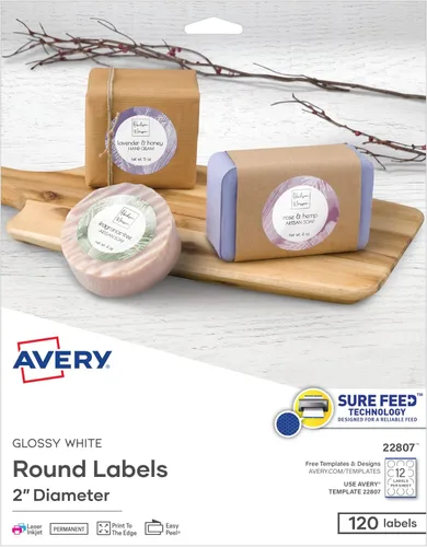 Miniatura 10 de Avery Etiquetas redondas imprimibles con Sure Feed, 2.5" de diámetro, blanco brillante, 90 etiquetas personalizables (22830)