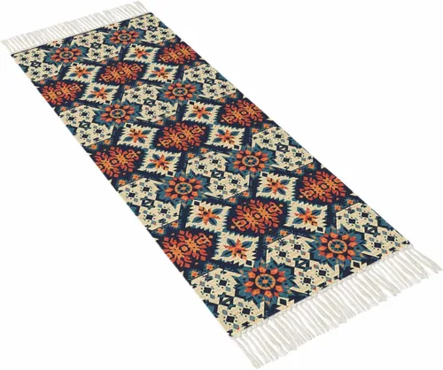 Miniatura 11 de Tassel Hand Woven Area Rug Retro Bohemia Navy Blue Pattern Entryway Rugs Washable Throw Mat,Tassel Carpets for Livingroom Kitchen Bedroom Dorm Decor