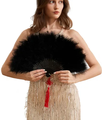 Miniatura 18 de Happy Feather Abanico de mano con plumas de marabú, estilo vintage de los años 1920, para disfraz y baile - Azul Ácido