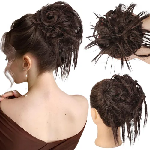 Miniatura 35 de HMD - Extensiones de cabello tipo chongo alborotado con rodelo despeinado, banda elástica de goma, extensiones de cabello sintético para mujer