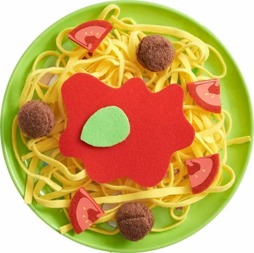 HABA Juego de comida suave de espaguetis y albóndigas con plato, juguete de cocina para niños pequeños y niños, divertido juego de cocina y
