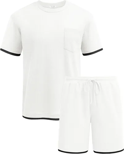 Miniatura 74 de COOFANDY Conjunto de camisa y pantalones cortos de gofre para hombre, conjunto de 2 piezas, conjunto casual de verano con bolsillos