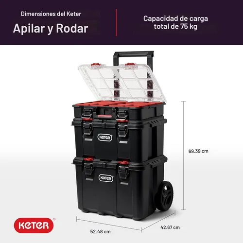 Miniatura 3 de Keter Stack-n-Roll Organizador Modular de Herramientas para Almacenamiento en Garaje y Bricolaje, Sistema de Caja de Herramientas Rodante de Resina