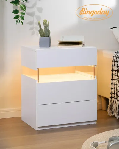 Miniatura 5 de Bingoday Moderna mesita de noche LED con 3 cajones, mesita de noche con luces LED ajustables, mesa auxiliar de almacenamiento grande para Blanco