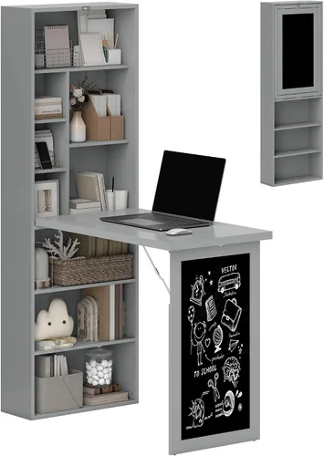 Miniatura 10 de HOMCOM Escritorio plegable convertible con pizarra, escritorio de computadora montado en la pared que ahorra espacio con estantes de almacenamiento