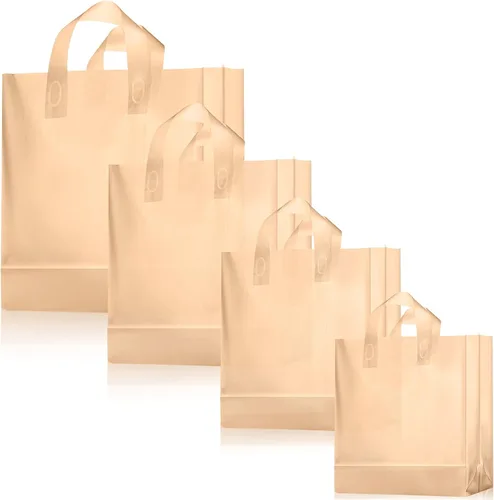 Miniatura 10 de Weewooday 100 bolsas de regalo de plástico esmerilado con asas para pequeñas empresas, bolsas de compras transparentes con parte inferior de cartón