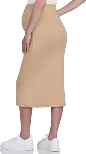 Miniatura 4 de POSHDIVAH Falda de maternidad para mujer, sobre el vientre, de cintura alta, color liso, elástica, falda tubo para embarazo