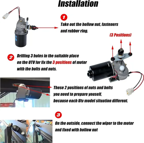 Miniatura 6 de Kit de limpiaparabrisas UTV universal, 2 piezas de motor de limpiaparabrisas eléctrico de 90 grados de 16" 12V compatible con Polaris Kubota