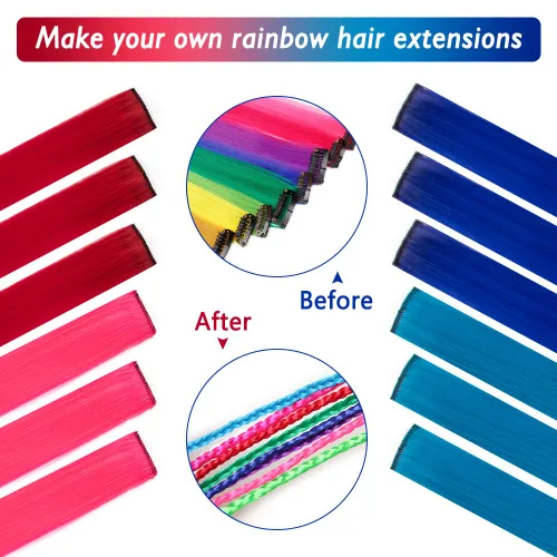 Miniatura 3 de 20 extensiones de cabello con clip de colores para niñas, extensiones de cabello arcoíris multicolor de 20 pulgadas, reflejos instantáneos, piezas