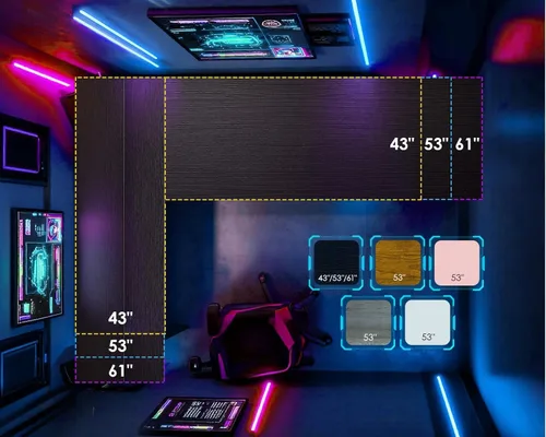 Miniatura 6 de AODK Escritorio en forma de L para juegos con luz LED y toma de corriente, mesa de computadora reversible en forma de L de 53 pulgadas con estante