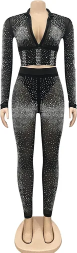 Miniatura 3 de Conjunto de 2 piezas sexy de malla con diamantes de imitación para mujer pantalones ajustados para fiesta club conjunto deportivo