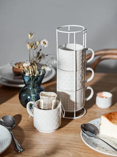 Miniatura 3 de LE TAUCI Juego de tazas de café apilables con soporte, tazas de espresso de cerámica para Au Lait, capuchino, café con leche, café, moca, té